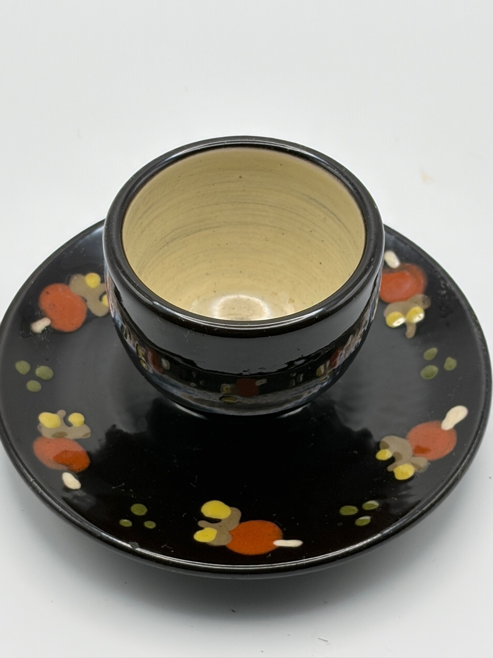 Egg Cup with Attached 4" Saucer Brown Floral Design